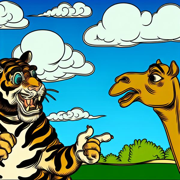 Cartoonfiguren vragen om bevestiging in Nederlands taalonderwijs Twee expressieve cartoonfiguren in gesprek buiten op een zonnige dag, waarbij de ene bevestiging vraagt met de zin 'Het is mooi weer vandaag, hè?'