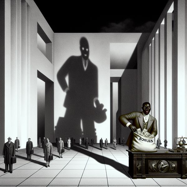 Hyperrealistisch surrealistisch kantoorinterieur met een manager die geld uit een zak met bonussen haalt, symboliserend voor bevoordelen en ongelijkheid op de werkvloer