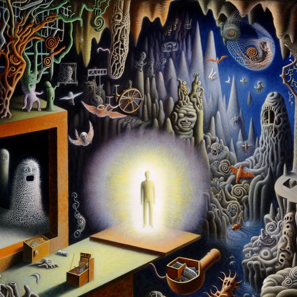 Bevrijding van lasten - surrealistische voorstelling van opluchting en verlichting Surrealistisch tafereel in de stijl van Hieronymus Bosch van een persoon die zich bevrijd voelt, omringd door krimpende monsterlijke lasten in een chaotische kamer die langzaam opklaart