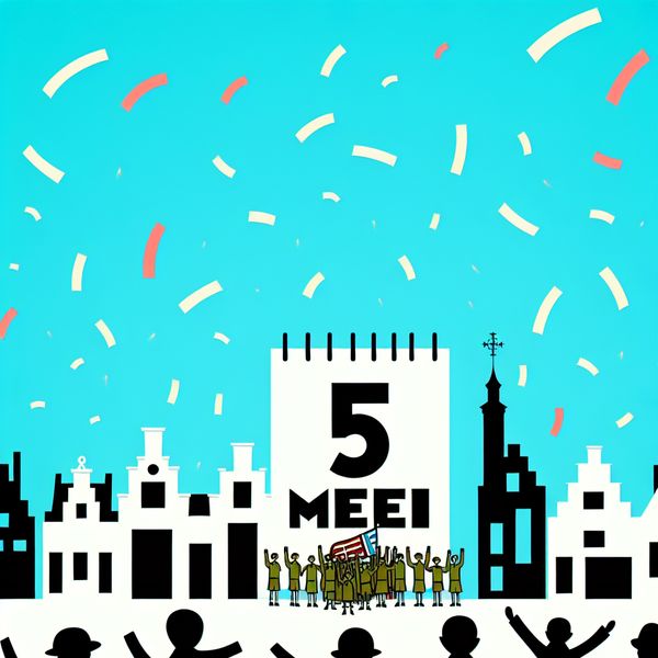 Bevrijdingsdag 5 mei 1945 illustratie - historische gebeurtenis voor taalonderwijs Minimalistische illustratie van een vrolijke menigte die Bevrijdingsdag viert op 5 mei 1945 in een stadplein met vuurwerk en confetti