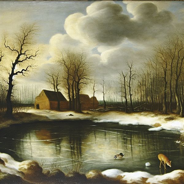 Bevroren meer in een winterlandschap IJsbedekt meer in een landelijke winteromgeving met bomen en een boerderij op de achtergrond.