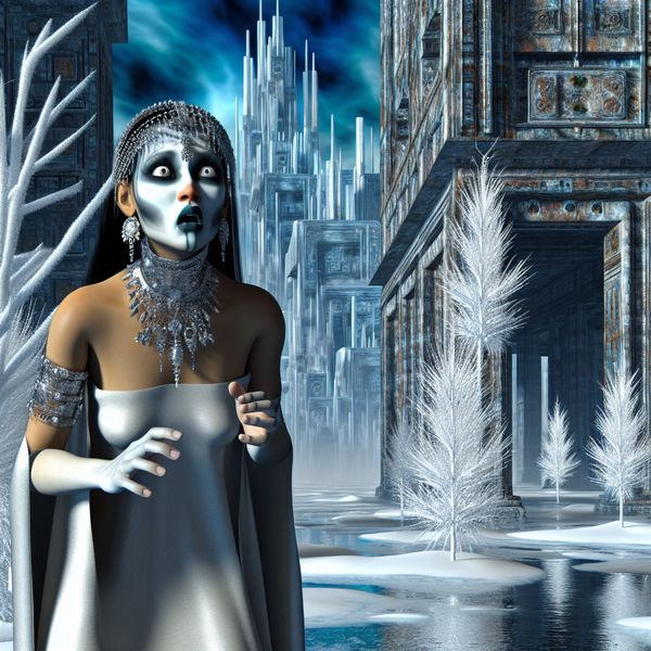 Een vrouw staand in een surrealistisch landschap, bevroren in schrik met breed opengesperde ogen.