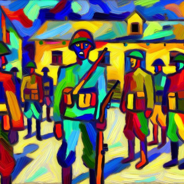 Bewaking en veiligheid: expressieve voorstelling van wachtposten in militaire context Abstracte voorstelling van bewaking door soldaten bij militaire kazerne in expressieve stijl van Karel Appel