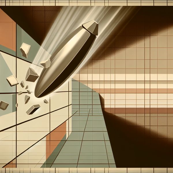 Retro-futuristische illustratie van een metalen kogel die door een geometrische tegelmuur vliegt, met stofdeeltjes en fragmenten in de lucht