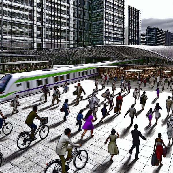 Beweging in de Stad: Mensen en Transport in Actie Drukke stadsplein met mensen in beweging en een moderne trein op de achtergrond, inspirerend voor taal leren.