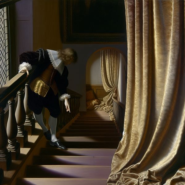 Elegant 17e-eeuws interieur met een persoon die naar beneden wijst op een grote trap, illustrerend de beweging 'omlaag'