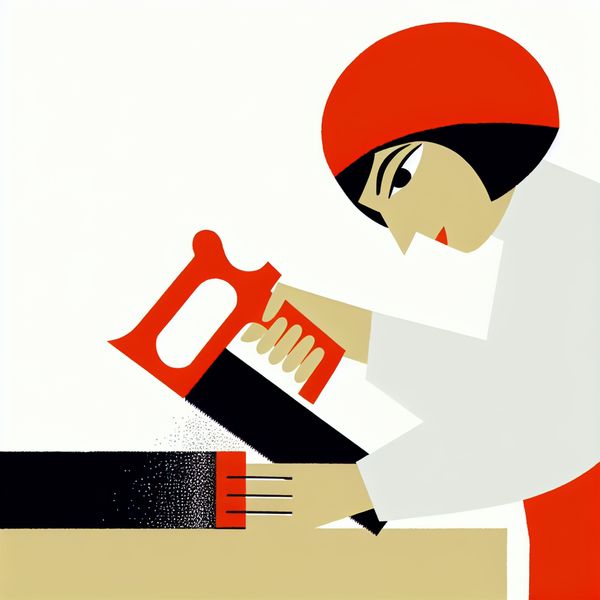 Minimalistische illustratie van een bewerker die zorgvuldig een houten plank zaagt met een rode handzaag, in de stijl van Dick Bruna