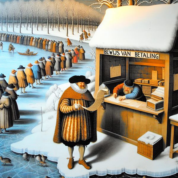Bewijs van betaling in historische Nederlandse wintertaferelen - document als bewijsmateriaal 17e-eeuwse Nederlandse winterscène met persoon die een bewijs van betaling toont aan een loketbediende op een bevroren kanaal