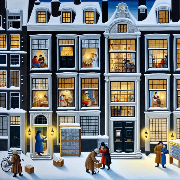 Drukbevolkte winterse straatscene met flatgebouw waar bewoners verschillende activiteiten uitvoeren, zoals iemand die een deur opent voor een bezoeker