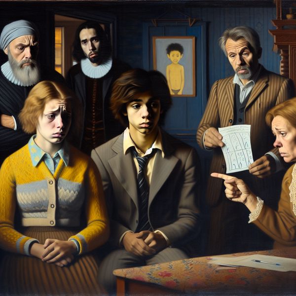 Een groep bezorgde ouders in een zacht verlichte kamer, die de cijfers van hun kind bespreken. Een ouder houdt een rapportkaart met lage cijfers, terwijl een ander wezenlijk naar de kaart wijst.