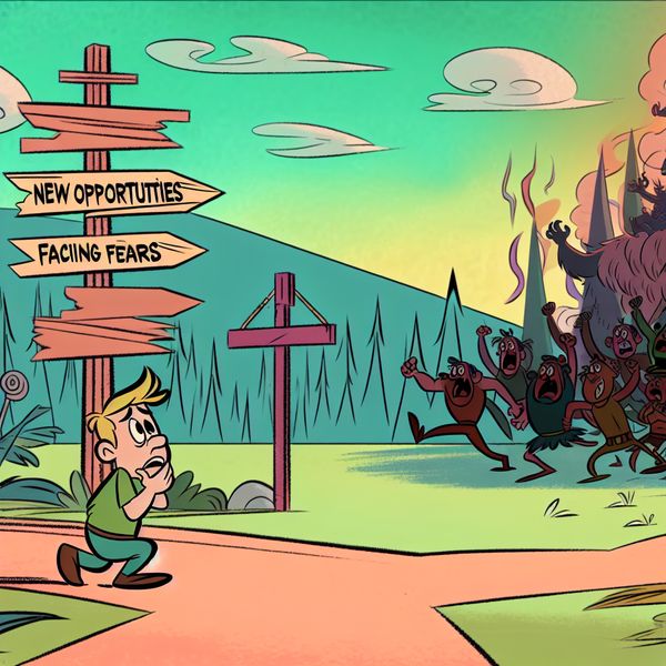 Een cartoonachtige scène van een bezorgde persoon bij een kruispunt, voor een donkere bossen en borden met 'Nieuwe Kansen' en 'Angsten Onder ogen Zien'