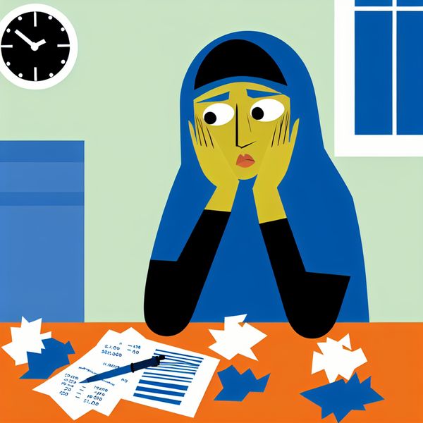 Minimalistische illustratie van financiële ellende en stress Een bezorgde persoon zit aan een keukentafel met rekeningen en verkreukte papieren, zichtbaar in distress.