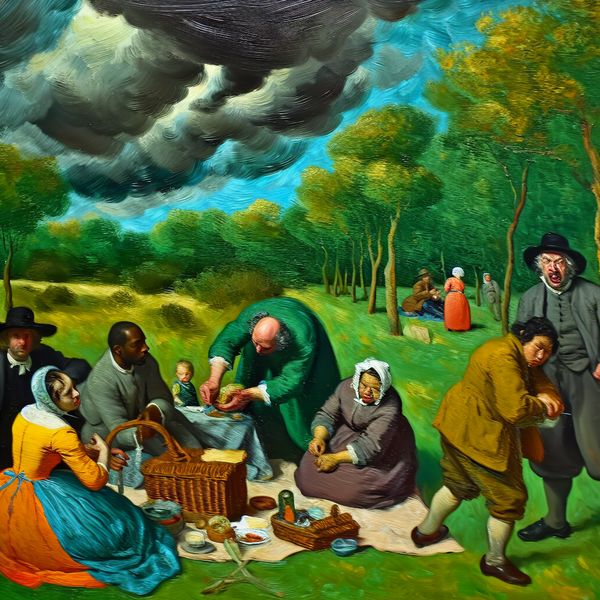 Bezorgdheid uitgedrukt in schilderij: picknick met dreigende regen Groep bezorgde mensen tijdens een picknick in een park met dreigende regenwolken, geschilderd in de levendige stijl van Frans Hals
