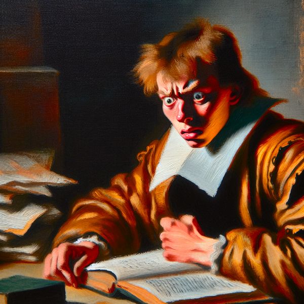 Bezorgdheid voor examen: emotioneel portret van student in stijl van Frans Hals Portret van een jonge student met bezorgde blik voor een examen, geschilderd in de stijl van Frans Hals