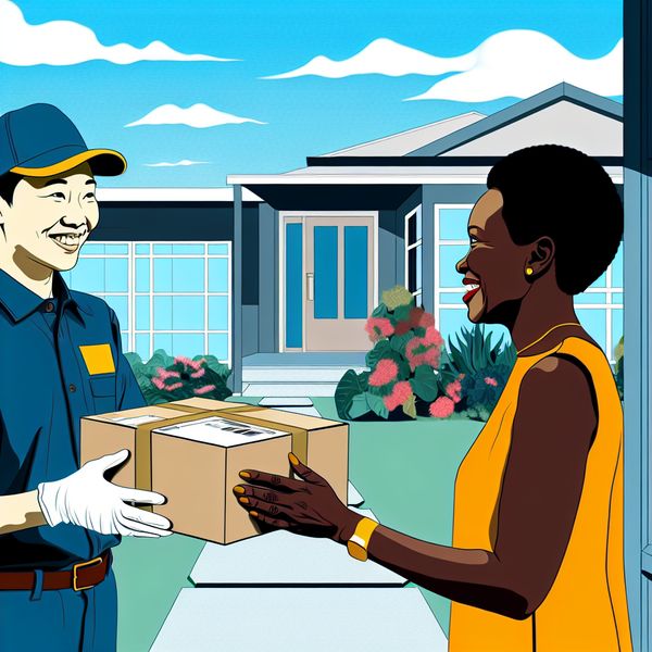 Keurige levering aan de deur door bezorgservice Bezorgpersoon overhandigt een fraai verpakt doos aan een glimlachende klant bij de voordeur, met een attente tuin op de achtergrond.