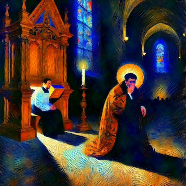 Knieende persoon biecht op in een sfeervolle kerk met Van Gogh-stijl, symboliserend morele overtreding en vergeving