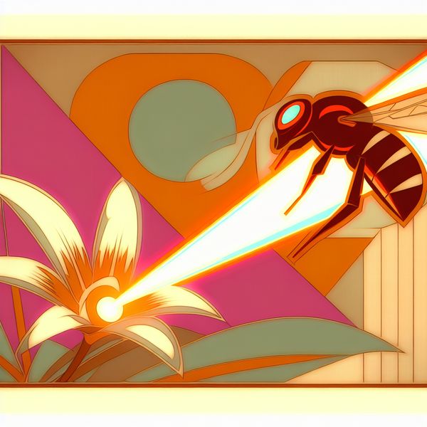 Retro-futuristische illustratie van een bij met een prominente angel boven een bloem, die de scherpe structuur van de angel toont.