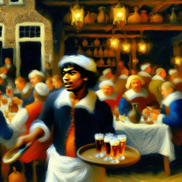 Jonge ober met dienblad vol drankjes en eten in een levendige 17e-eeuwse Nederlandse taverne, geschilderd in de stijl van Frans Hals
