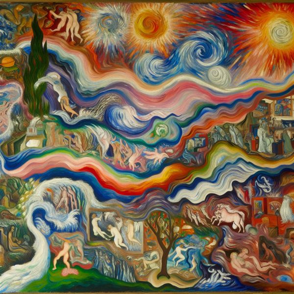 Abstract expressionistisch schilderij van de zeven dagen van de schepping volgens de Bijbel, met dynamische kleuren en krachtige penseelstreken