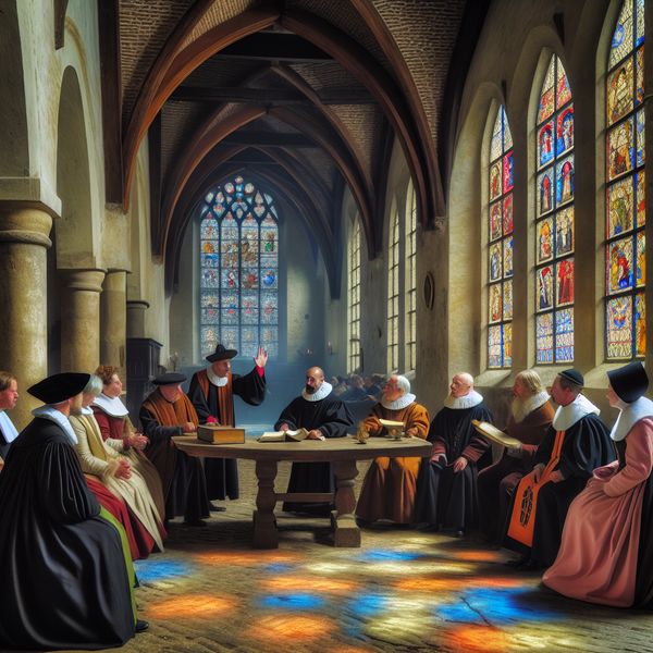 Bijeenkomst van Nederlandse dominees in een historische kerk met gekleurde lichtpatronen op de vloer.
