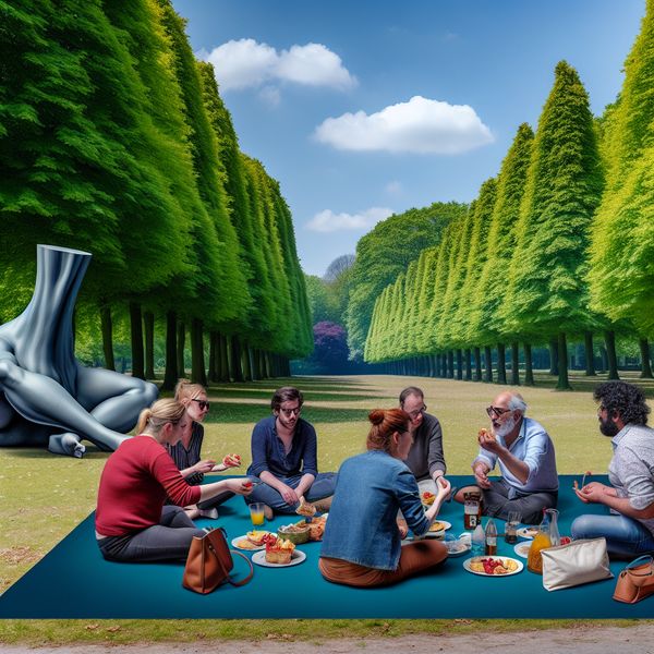 Informele bijeenkomst in het park met ideeënuitwisseling Diverse groep mensen in een park met picknickdekens, die ideeën uitwisselen tijdens een informele bijeenkomst, met een surrealistisch monumentaal beeld op de achtergrond.