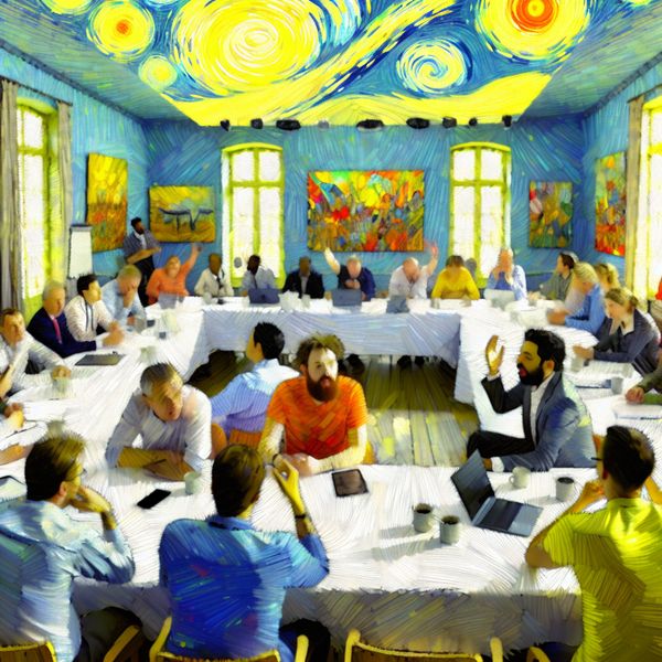 Lively bijeenkomst rond een grote tafel met mensen die ideeën delen in een zonnige kamer