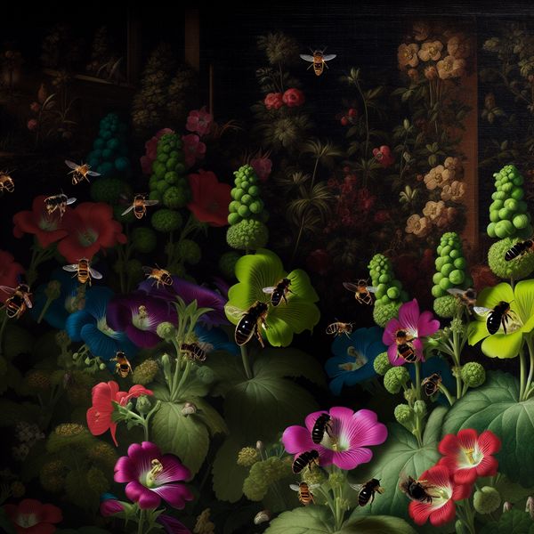 Een donkere en provocerende scène van een levendige lentetuin met bijen die actief bloemen bestuiven.