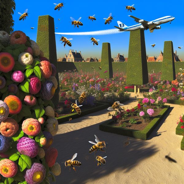 Zwem Bijen en een Vliegtuig in een Zonnige Tuin Een realistische afbeelding van een zwerm bijen die rond kleurrijke bloemen in een zonnige tuin vliegen, met een vliegtuig op de achtergrond.