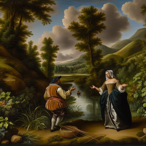 17e-eeuws Hollands landschap met twee mensen in gesprek bij een rivier, waarbij één persoon een bijkomende gedachte uitdrukt met een handgebaar
