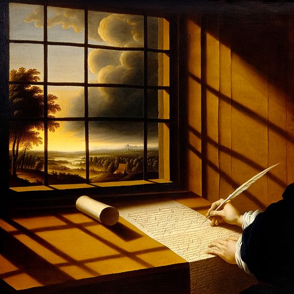 Student aan houten bureau met bijna voltooide huiswerkrol bij zonsondergang, dramatische lucht in stijl van Jacob van Ruisdael