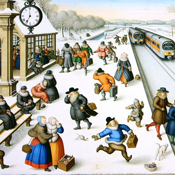 Drukke winterse treinstation scène met mensen die bijna te laat zijn voor de vertrekkende trein, in de stijl van Hendrick Avercamp
