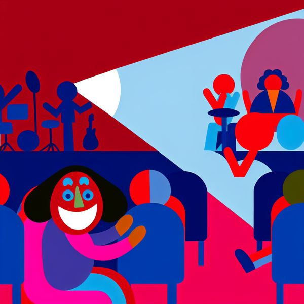 Bijwonen van een concert - Minimalistische illustratie voor taalonderwijs Minimalistische illustratie van een vrolijk persoon die een concert bijwoont in een kleurrijke concertzaal, met een band op het podium onder een spotlight