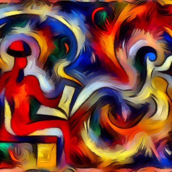 Abstract expressionistisch schilderij van een boek en een persoon in gesprek, verbonden door een bijzin als taalkundige verwijzing