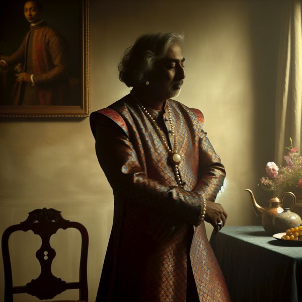 Bijzonder interieur met oudere man in Vermeer-stijl Een oudere man in een elegant ingericht vertrek, gekleed in een stijlvolle outfit, geïnspireerd door Johannes Vermeer.