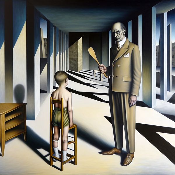 Hyperrealistisch schilderij van een strenge vader die een houten lepel vasthoudt terwijl een jongen over een stoel gebogen staat voor billenkoek, in een surrealistische setting uit de jaren 40