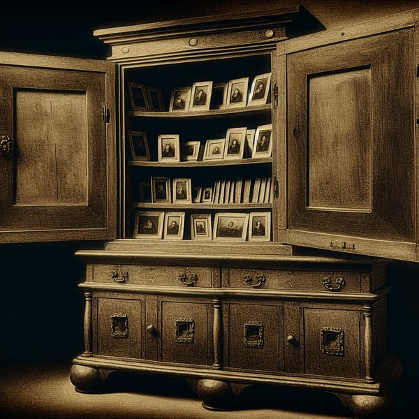 Gedetailleerde Rembrandt-stijl afbeelding van een open houten kast met oude foto's, verlicht door dramatisch chiaroscuro licht, symboliserend de binnenkant van herinneringen