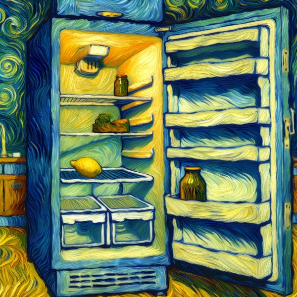 Dramatische illustratie van een bijna lege koelkast van binnen, geschilderd in de stijl van Van Gogh met dikke penseelstreken en levendige kleuren