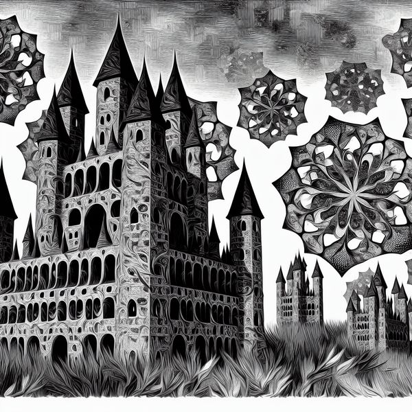 Surrealistische illustratie van de drie biologische rijken: dierenrijk, plantenrijk en schimmelrijk, verbeeld als onmogelijke architectuur in de stijl van M.C. Escher