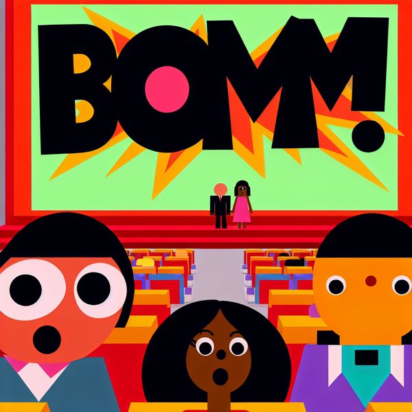 Minimalistische illustratie van een bioscoop met een opvallende filmposter 'BOM!' omringd door bewonderende toeschouwers, symboliserend groot succes