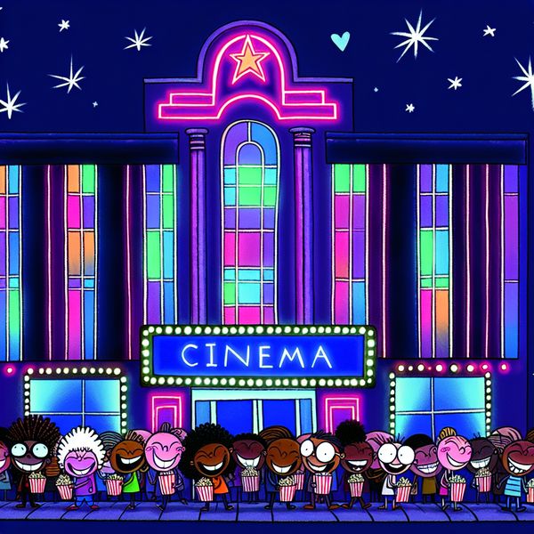Cartoonachtige illustratie van een levendig bioscoopgebouw 's nachts met een fel marquee en mensen in de rij.