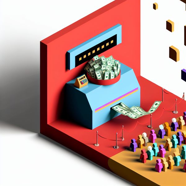 Bioscoopkassa met hoge opbrengst - filmkaartverkoop en box office succes Minimalistische bioscoopkassa met stapels bankbiljetten en munten, symboliserend voor hoge filmopbrengsten en succesvolle kaartverkoop