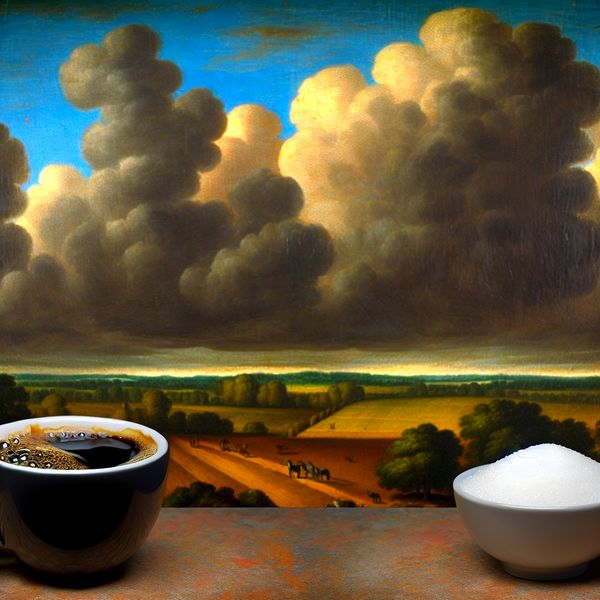 Bittere Koffie en Zoete Suiker Contrast Een close-up van een kop koffie en een kom suiker, met stoom die van de koffie oprijst.