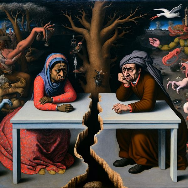 Twee vrienden zitten aan een verscheurd tafeltje in een donkere, surrealistische omgeving met bizarre creëren die hun conflicten symboliseren.