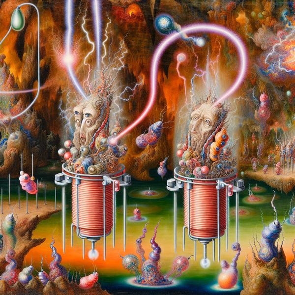 Bizarre Elektrodes in Chemisch Proces Surrealistische afbeelding van bizarre, andere wereldse elektrodes in een chemisch proces, omgeven door kleurrijke vloeistoffen en gassen.