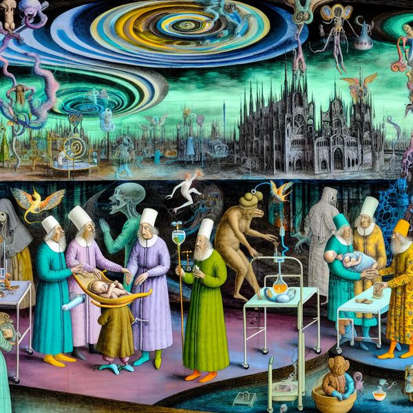 Bizarre wezens als zorgverleners in een surrealistisch ziekenhuis Surreal scene with fantastical creatures as nurses providing care in a whimsical hospital setting