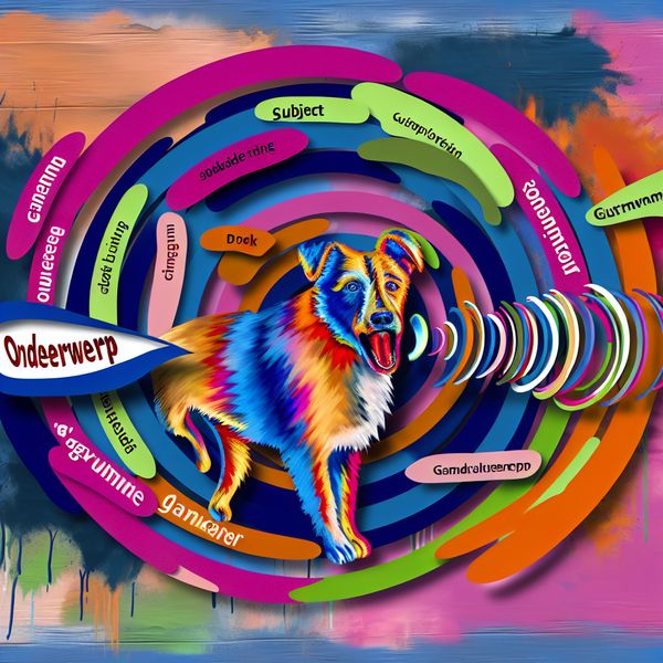 Kleurrijke afbeelding van een blaffende hond met grammaticaal onderwerp Abstracte en kleurrijke weergave van een blaffende hond omgeven door levendige kleuren en grammaticale elementen.