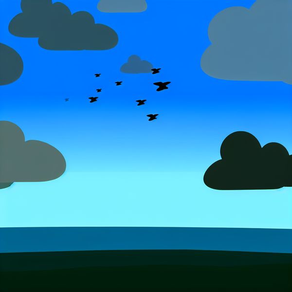 Blauwe hemel met wolken en vogels - educatieve illustratie voor taalverwerving Minimalistische kinderillustratie van een uitgestrekte blauwe hemel met donkergrijze wolken en vliegende vogels, in de stijl van Dick Bruna