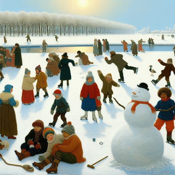 Vrolijke winterse taferelen met spelende kinderen zonder huiswerk Een levendig winterlandschap met blije kinderen die buiten in de sneeuw spelen, zonder boeken of huiswerk, onder een zonnige lucht met sneeuwbedekte bomen en een bevroren vijver.