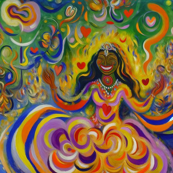 Blije vrouw in kleurige abstractie van hertrouwen Abstracte afbeelding van een blije vrouw in een felle jurk, omringd door kleuren en vormen die liefde en vernieuwd geluk symboliseren.
