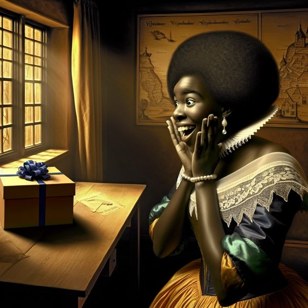 Jonge vrouw in historische kleding toont blijdschap bij het openen van een verrassingscadeau in een sfeervol verlicht Hollands interieur